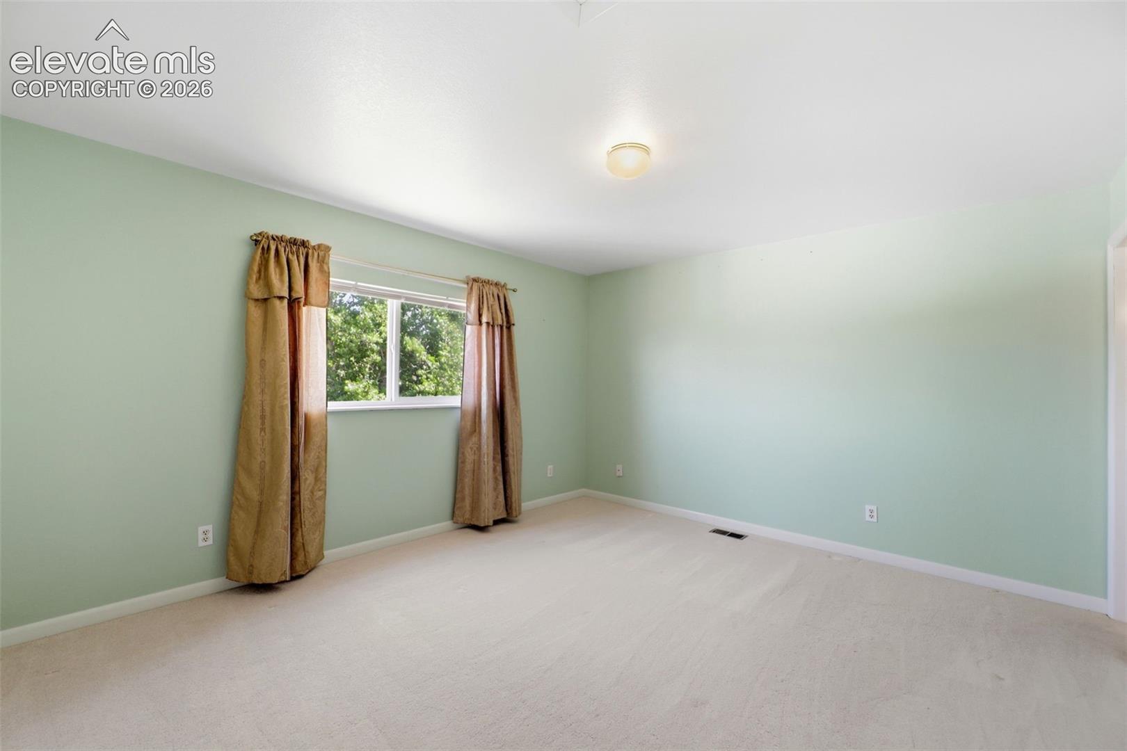 Carpeted room with light green walls and a single window offering a glimpse of exterior trees