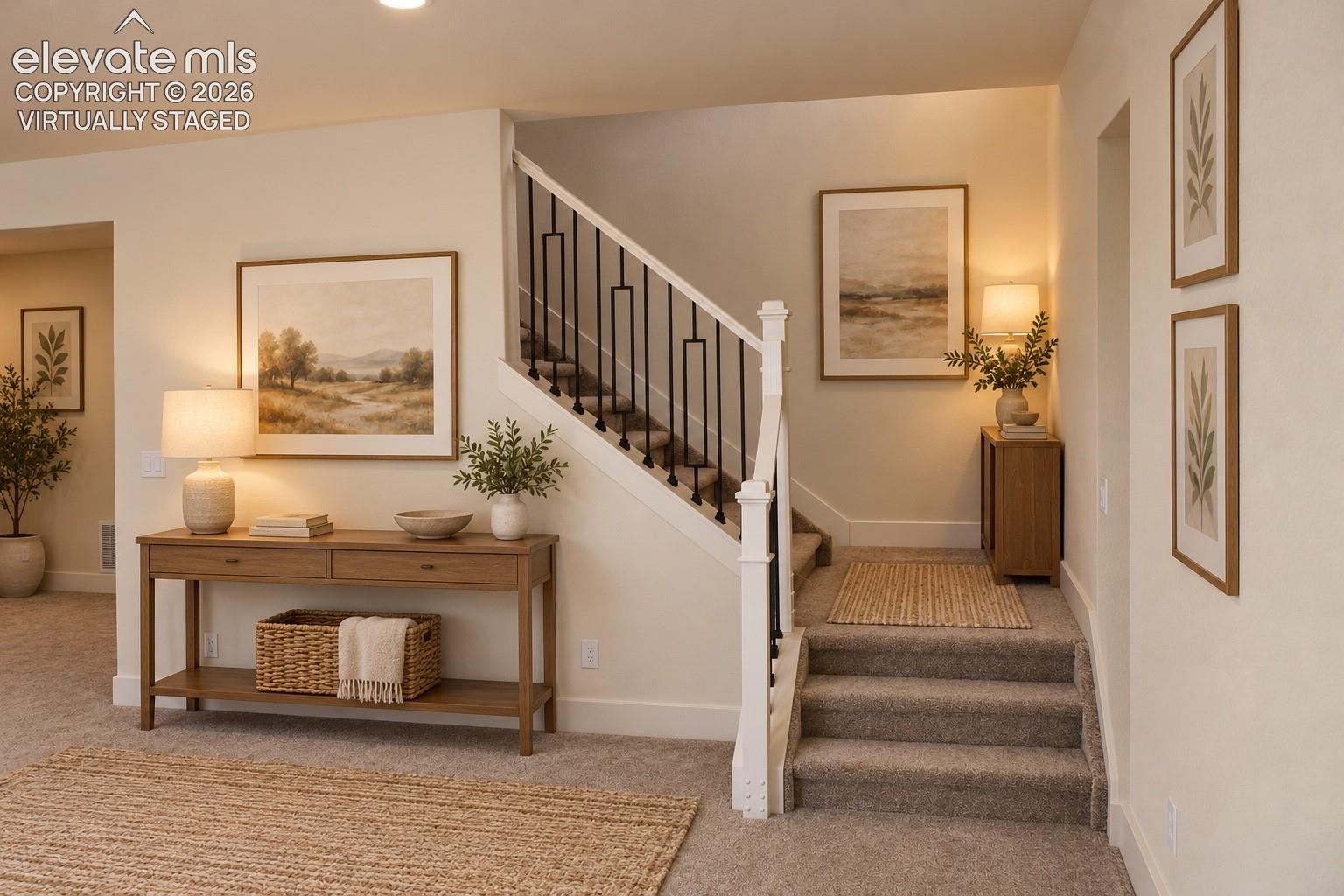 Virtually staged Carpeted staircase with white newel posts and black metal balusters