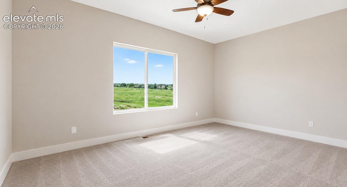 Spacious room featuring neutral carpeting, light-toned wall paint, and white baseboards