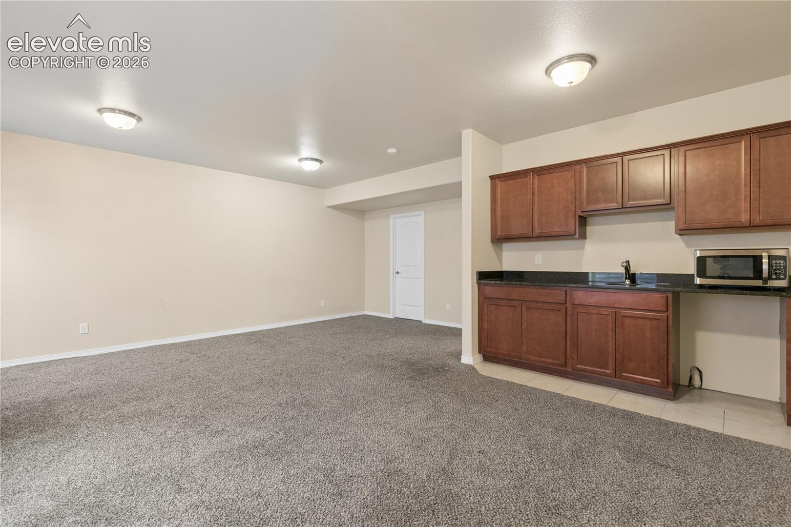 Spacious room featuring neutral carpeting and flush-mount lighting