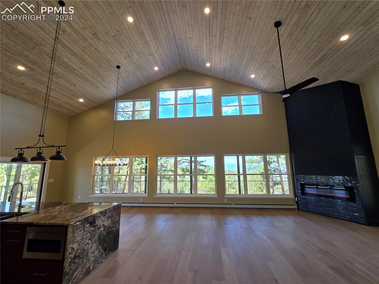 Lving room with plenty of natural light, big mountain views, wood-type flooring, and a fireplace
