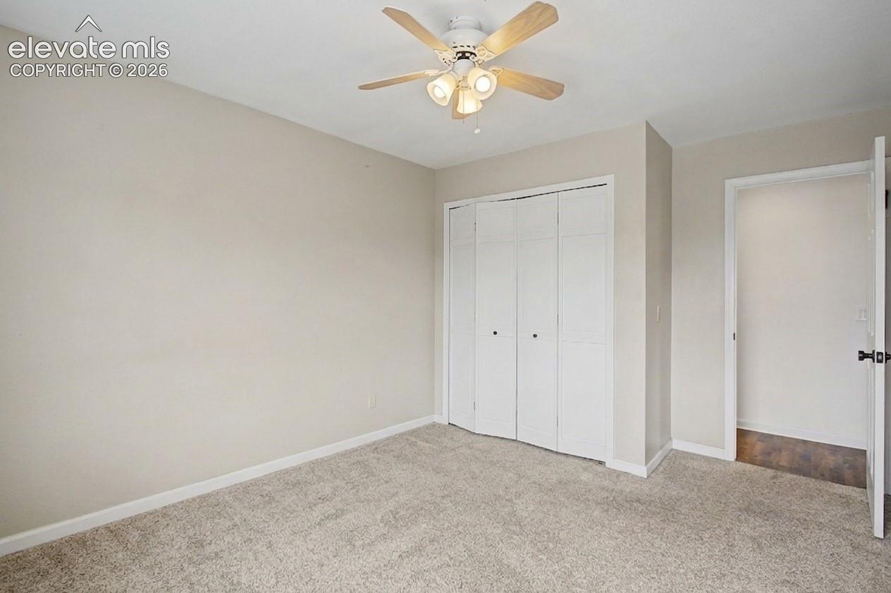 Carpeted room featuring a ceiling fan with light kit, bi-fold closet doors, and neutral wall paint