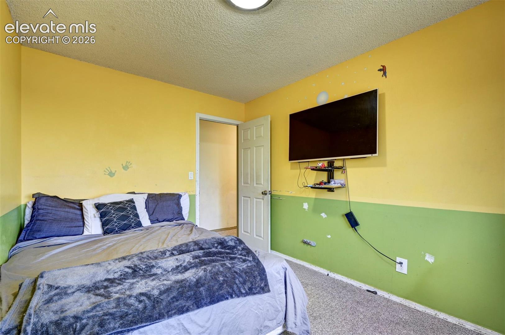 Carpeted room featuring a white door frame, a ceiling-mounted light fixture, and a wall-mounted television