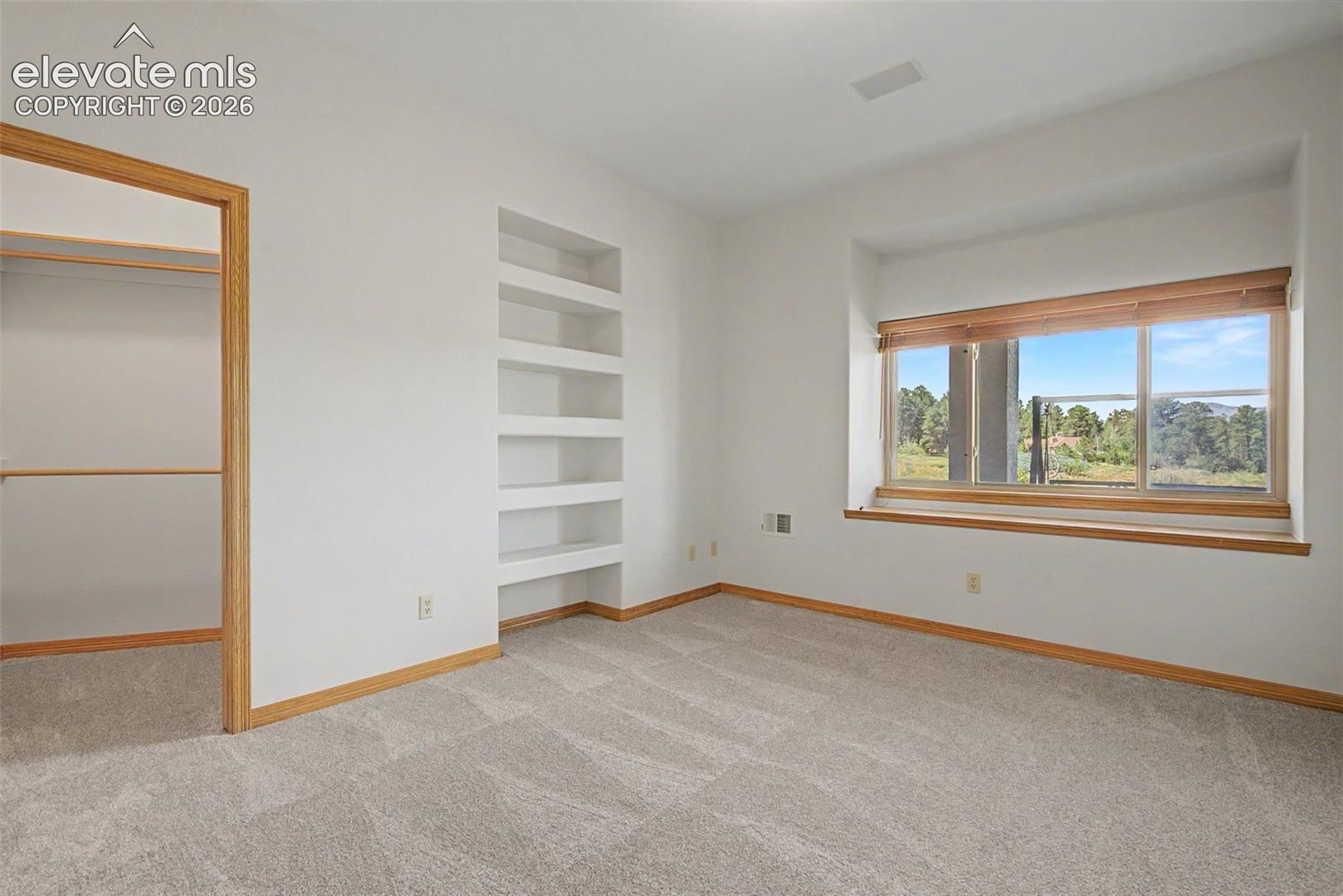 Light-filled room featuring a large window with a wood-finish sill, built-in shelving, neutral carpet, and a closet with wood-finish trim
