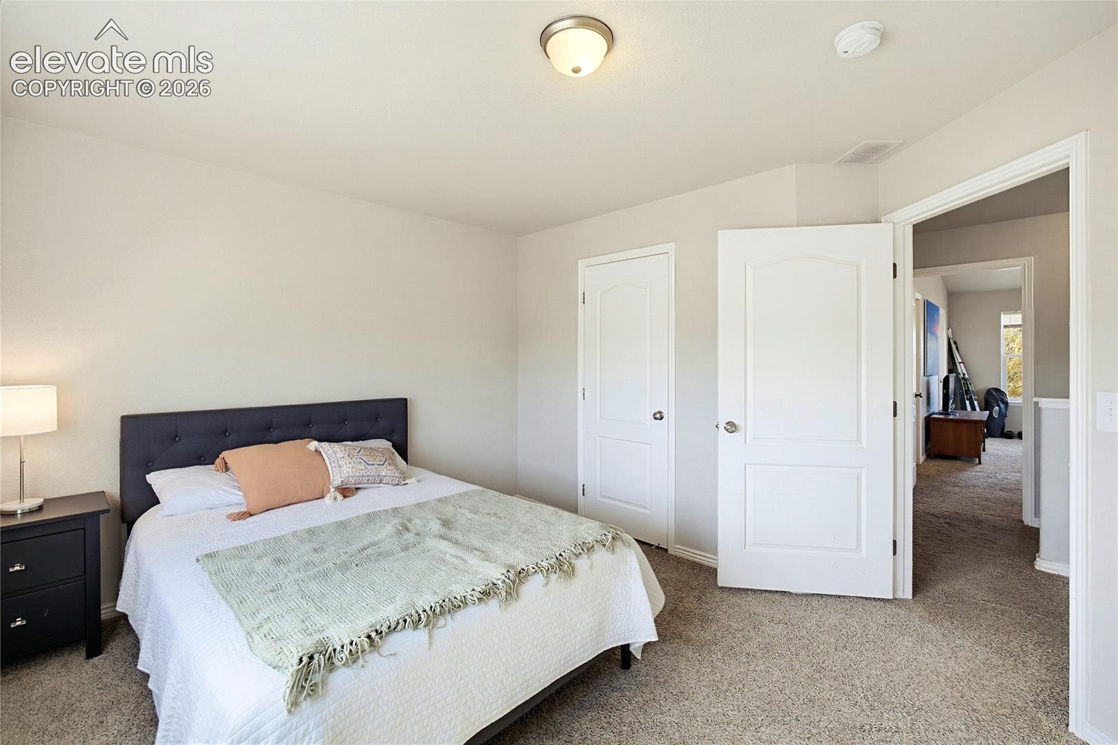 Neutral wall palette with carpeting, flush-mount ceiling lighting, and two-panel interior doors