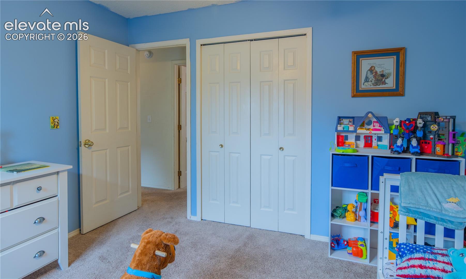 Wall-to-wall carpeting with blue painted walls