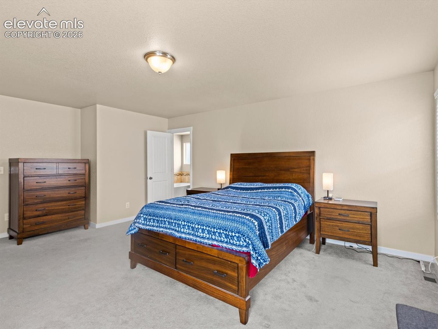 Carpeted bedroom featuring light-toned wall paint and a flush-mount ceiling light fixture