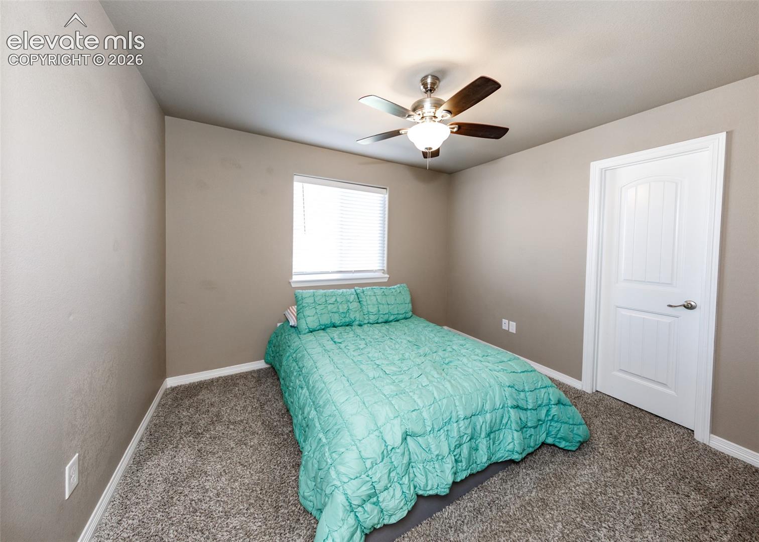 Neutral-toned interior featuring wall-to-wall carpeting, a multi-blade ceiling fan with integrated lighting, and a single-panel interior door with brushed nickel hardware