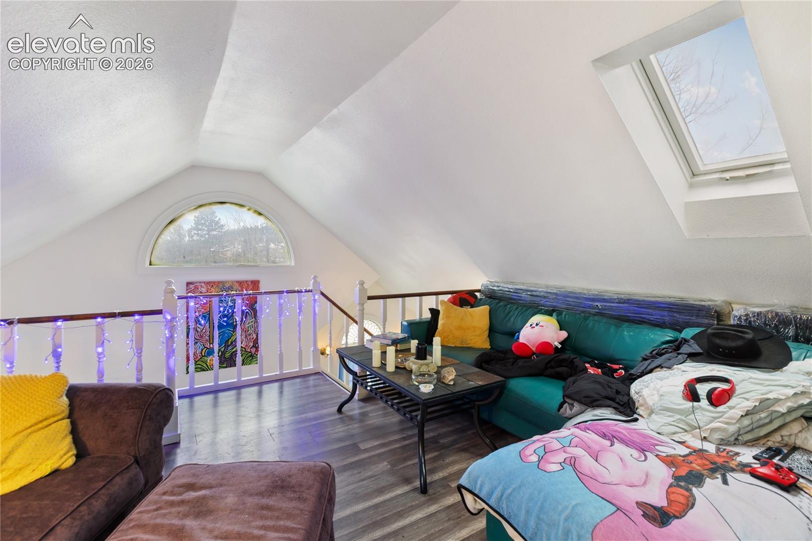 Vaulted ceiling with a skylight, wood-finish flooring, and a decorative arched window featuring a white balustrade railing