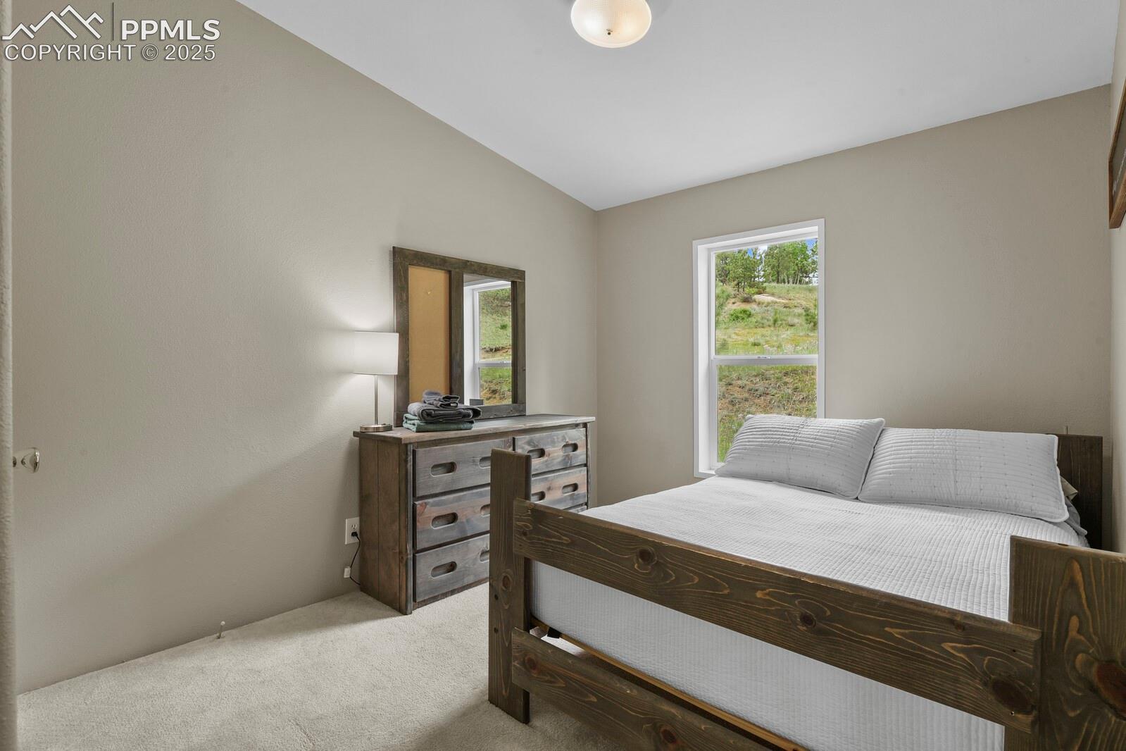 Bedroom featuring carpet and lofted ceiling