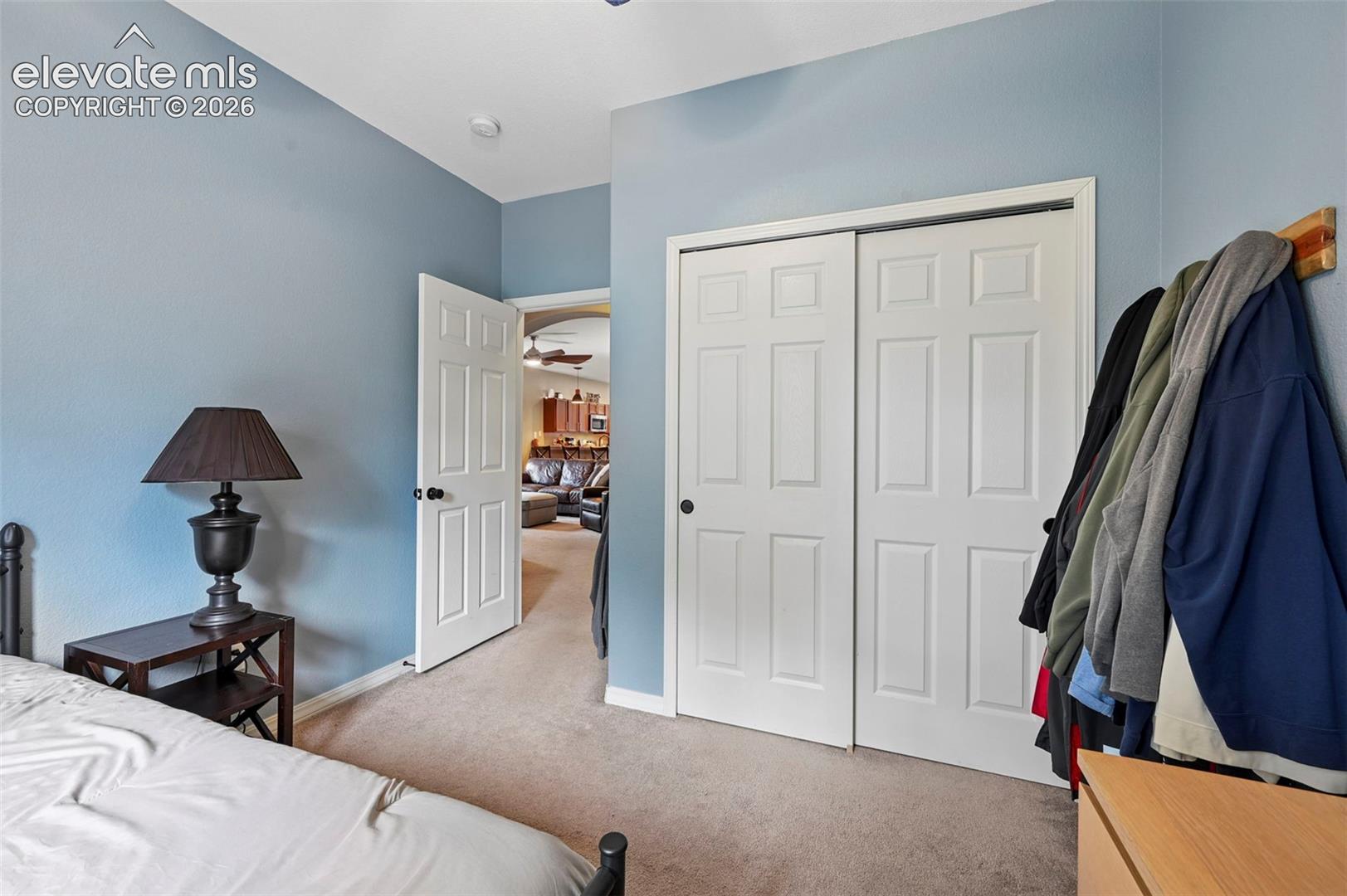 Carpeted flooring, white six-panel interior doors, and a built-in closet with sliding doors