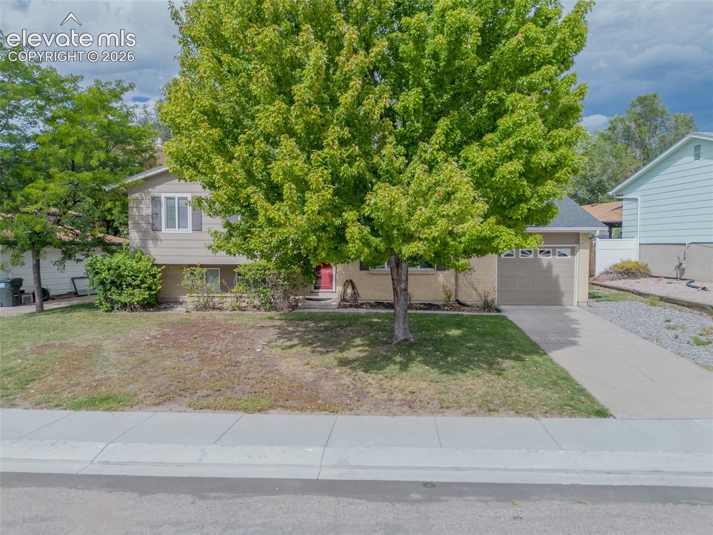 Neutral-toned exterior with a prominent green tree, an attached garage, and a concrete driveway