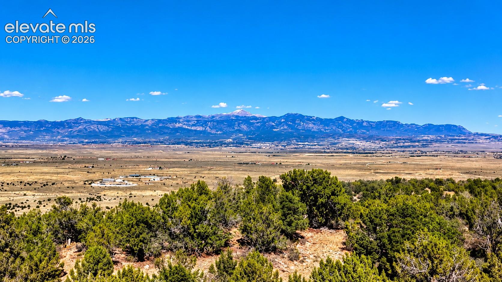Spectacular views of snow-capped mountain peaks rising above expansive golden plains, framed by mature juniper trees and Colorado's wide-open skies.

