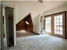 Vaulted ceiling with exposed wood-paneled alcove, skylight, and glass-paned double doors