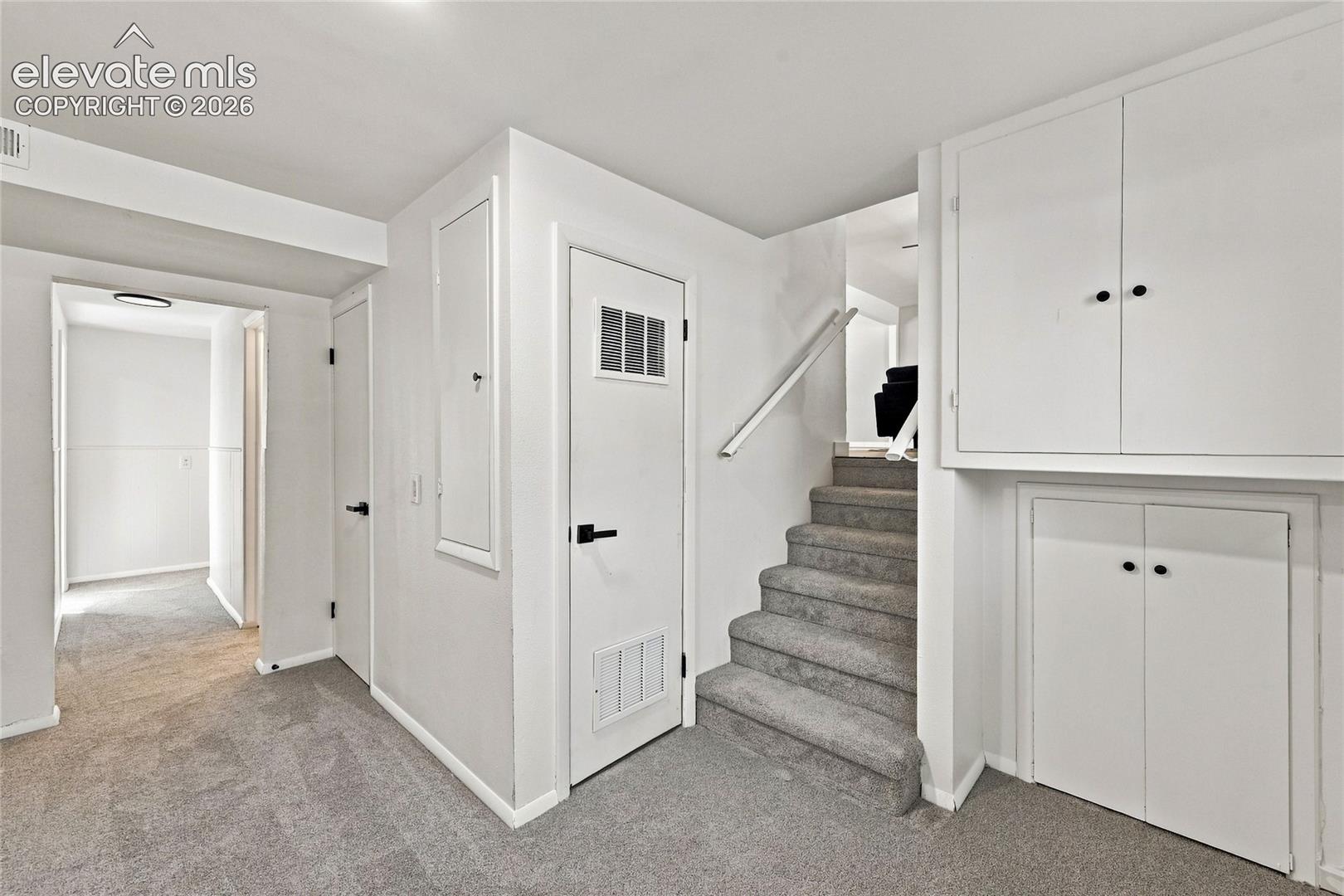 Carpeted flooring extending into a hallway, white walls, and built-in storage cabinetry with black hardware