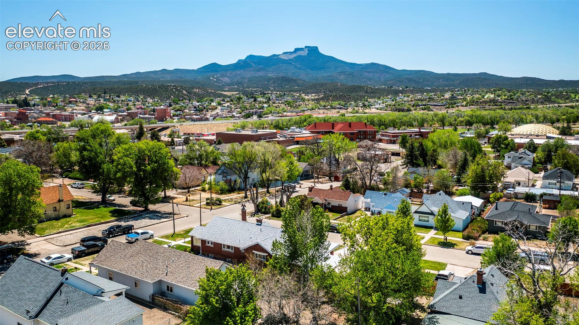 Expansive residential area featuring a diverse collection of homes, mature trees, and a Fisher's Peak backdrop