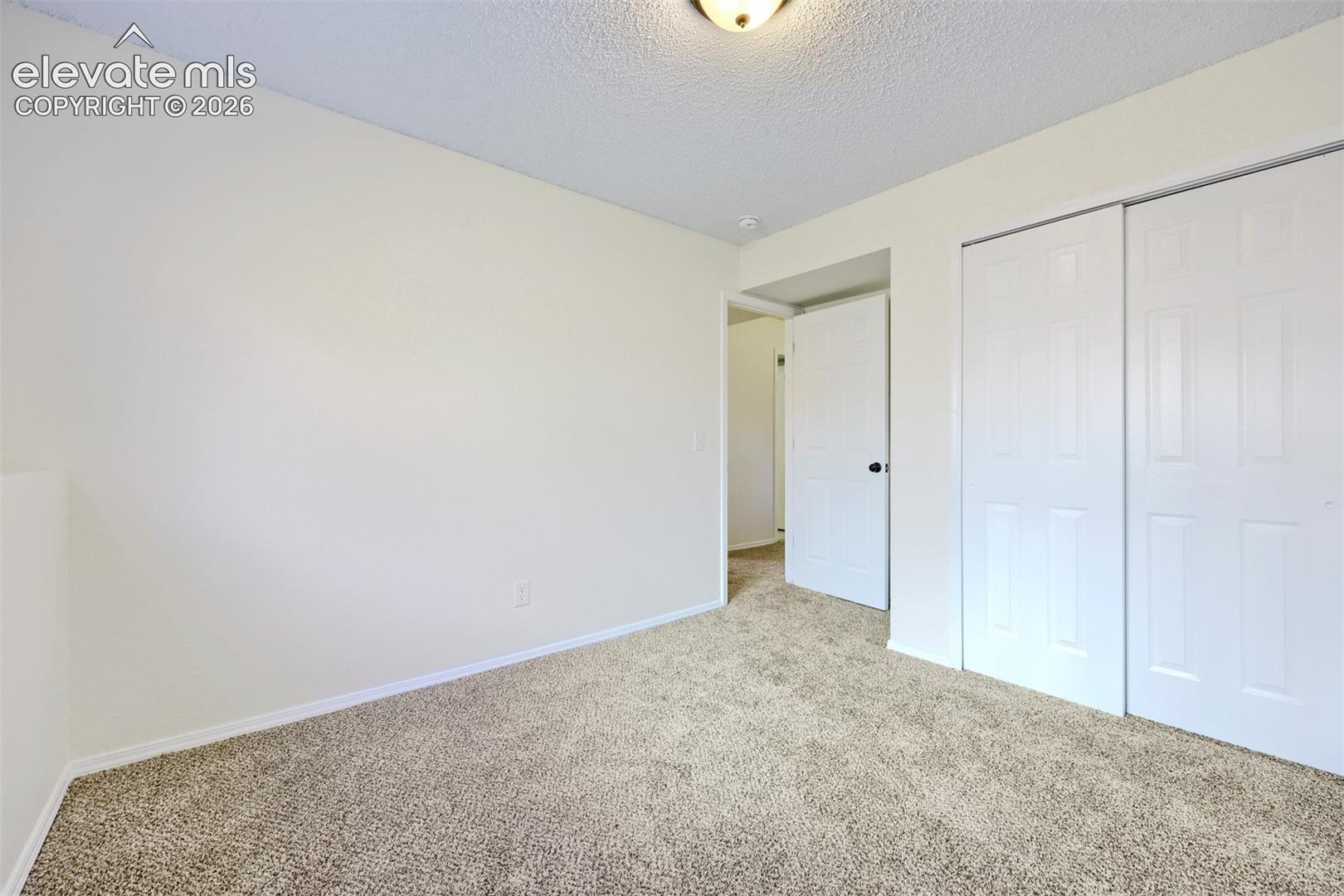Neutral wall paint, textured ceiling, wall-to-wall carpeting, paneled interior door, and sliding closet doors