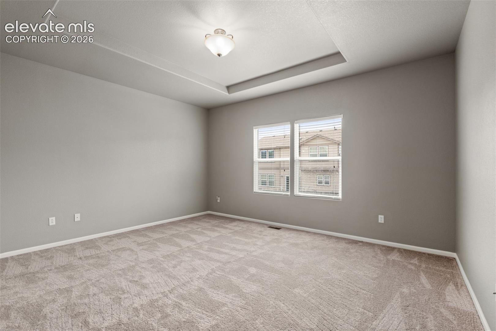 Tray ceiling, neutral wall color, plush wall-to-wall carpeting, and dual windows