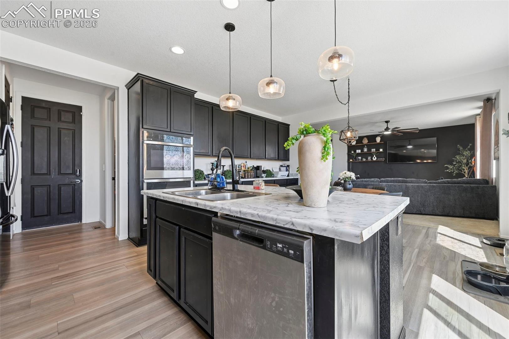 Modern kitchen featuring an island with a double basin sink, stainless steel dishwasher, and pendant lighting