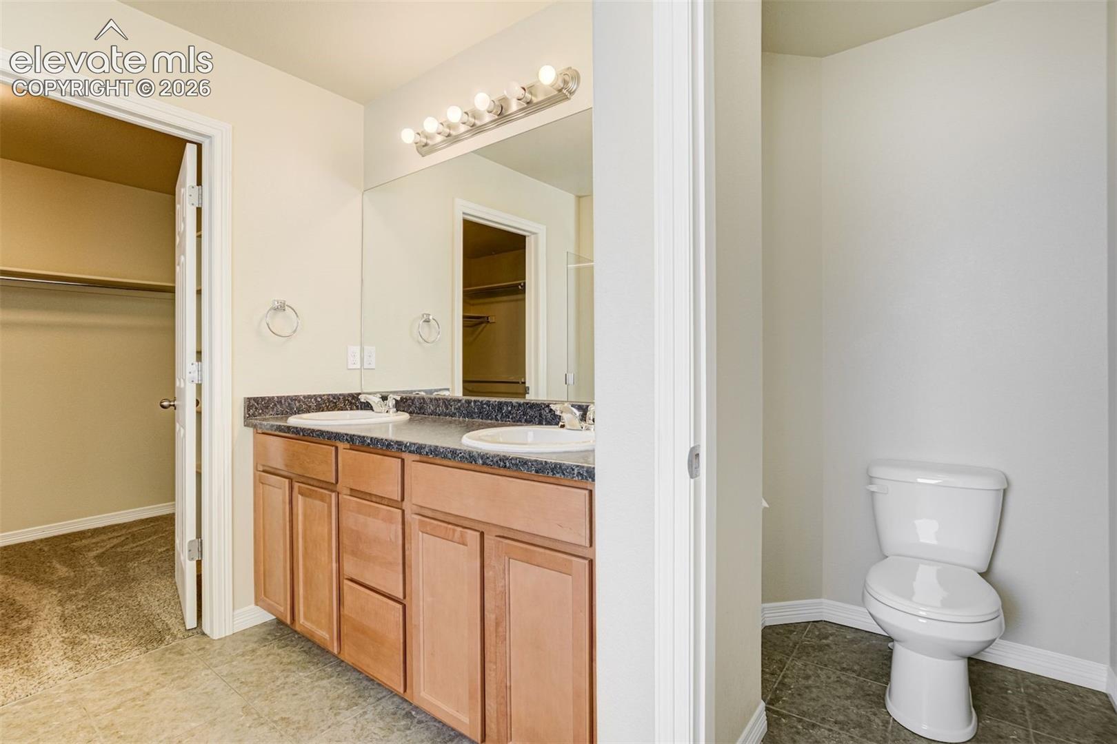 Dual sink vanity with wood-finish cabinetry, dark speckled countertop, and large wall-mounted mirror