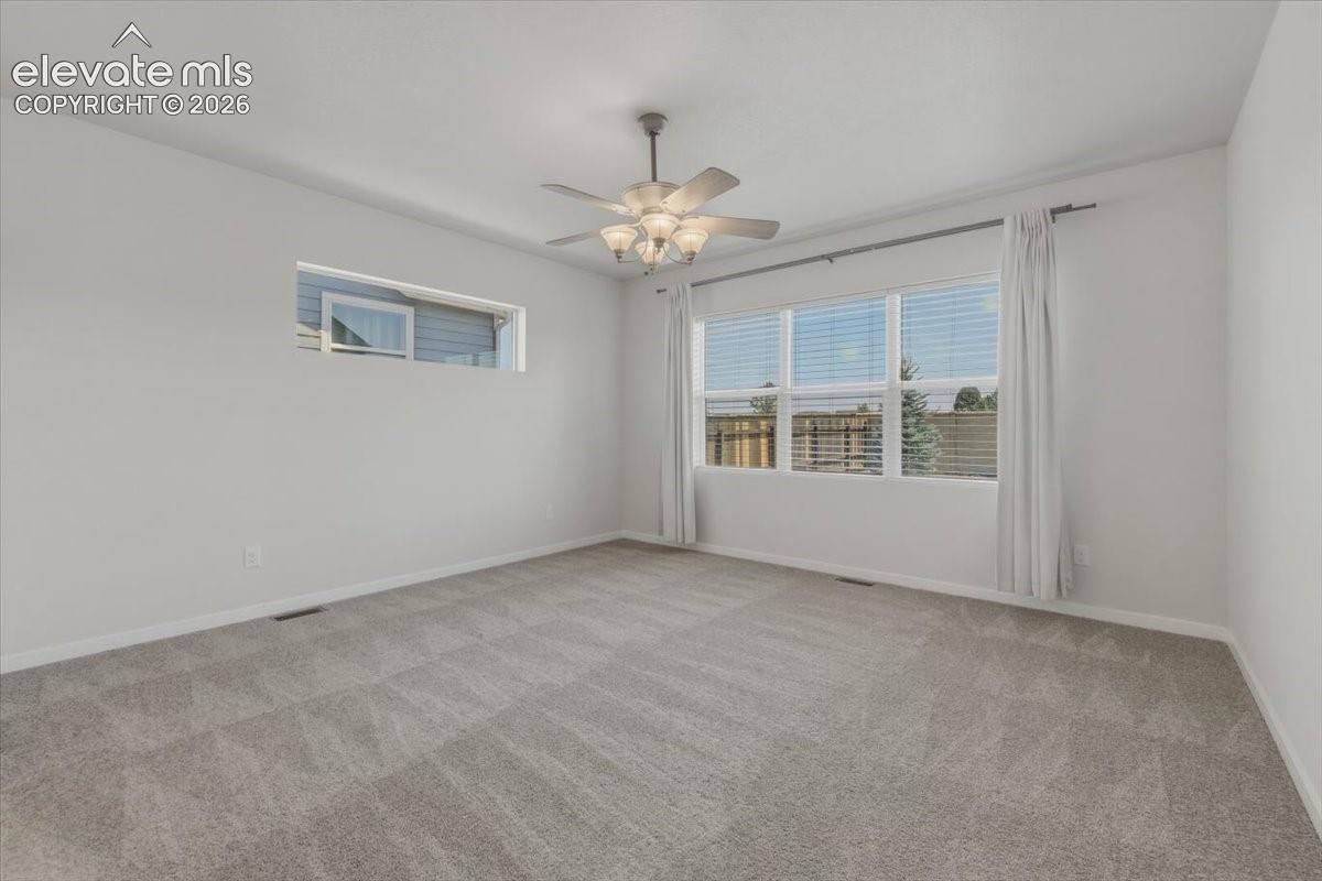 Spacious carpeted room featuring a ceiling fan with integrated lighting, multiple windows, and neutral wall tones