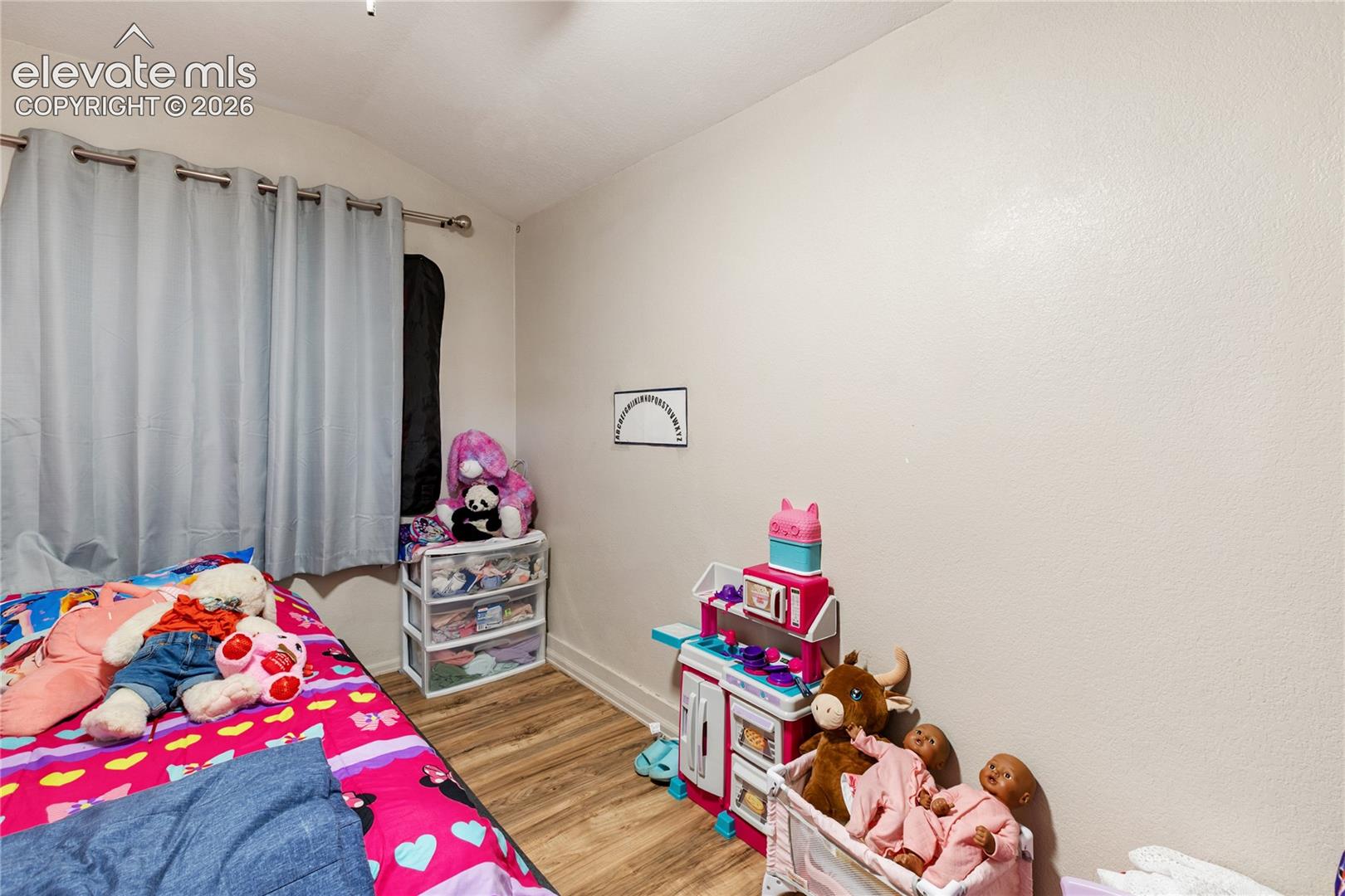 Room featuring wood-finish flooring and a window with a metal curtain rod