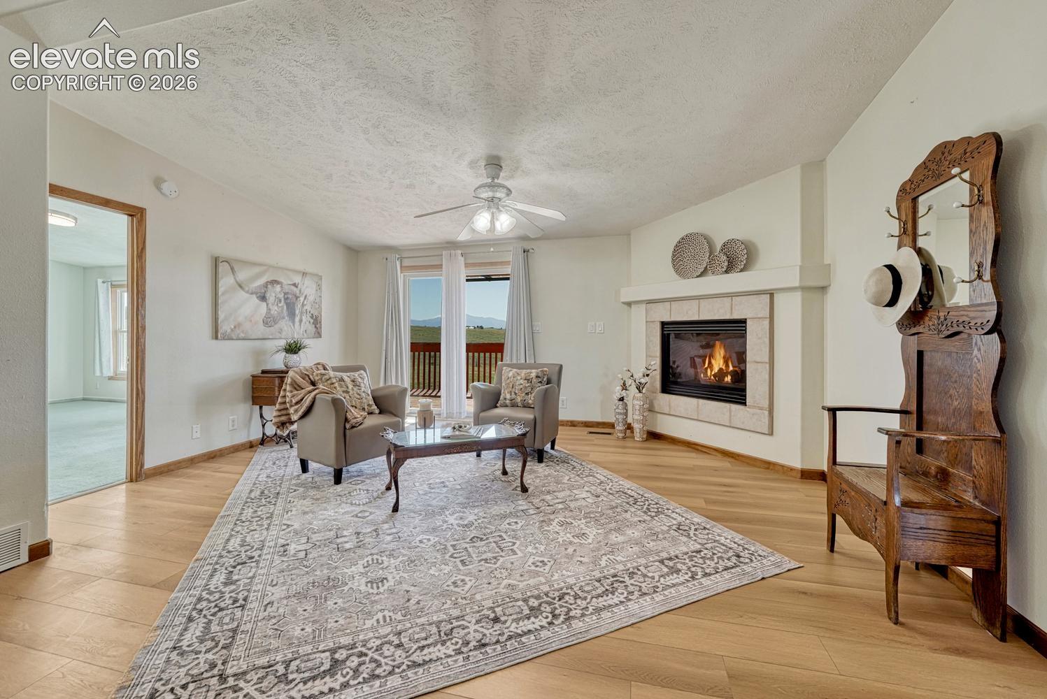 Living room area with gas fire & walk-out to deck