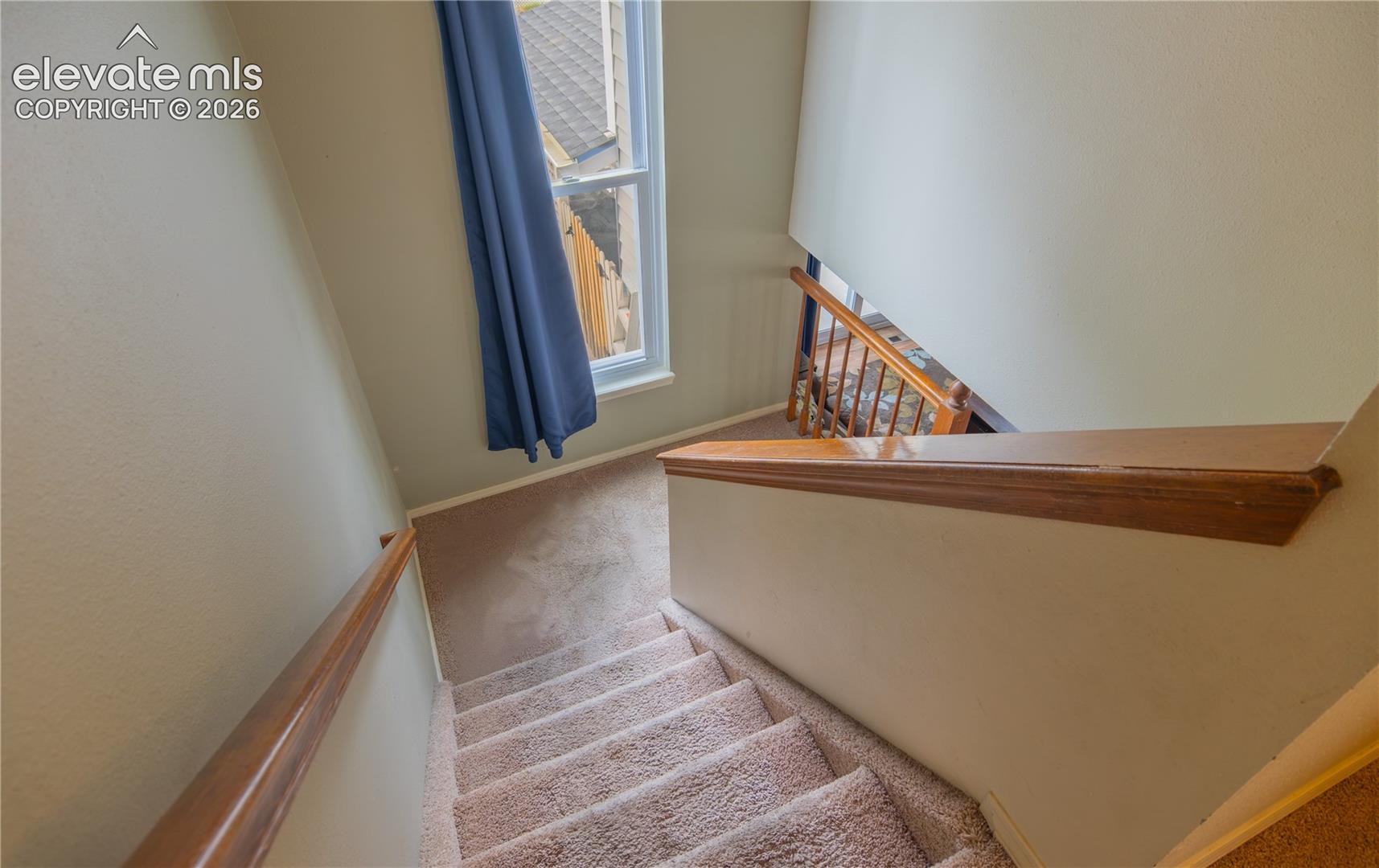 Carpeted staircase with wood-finish handrails and banister