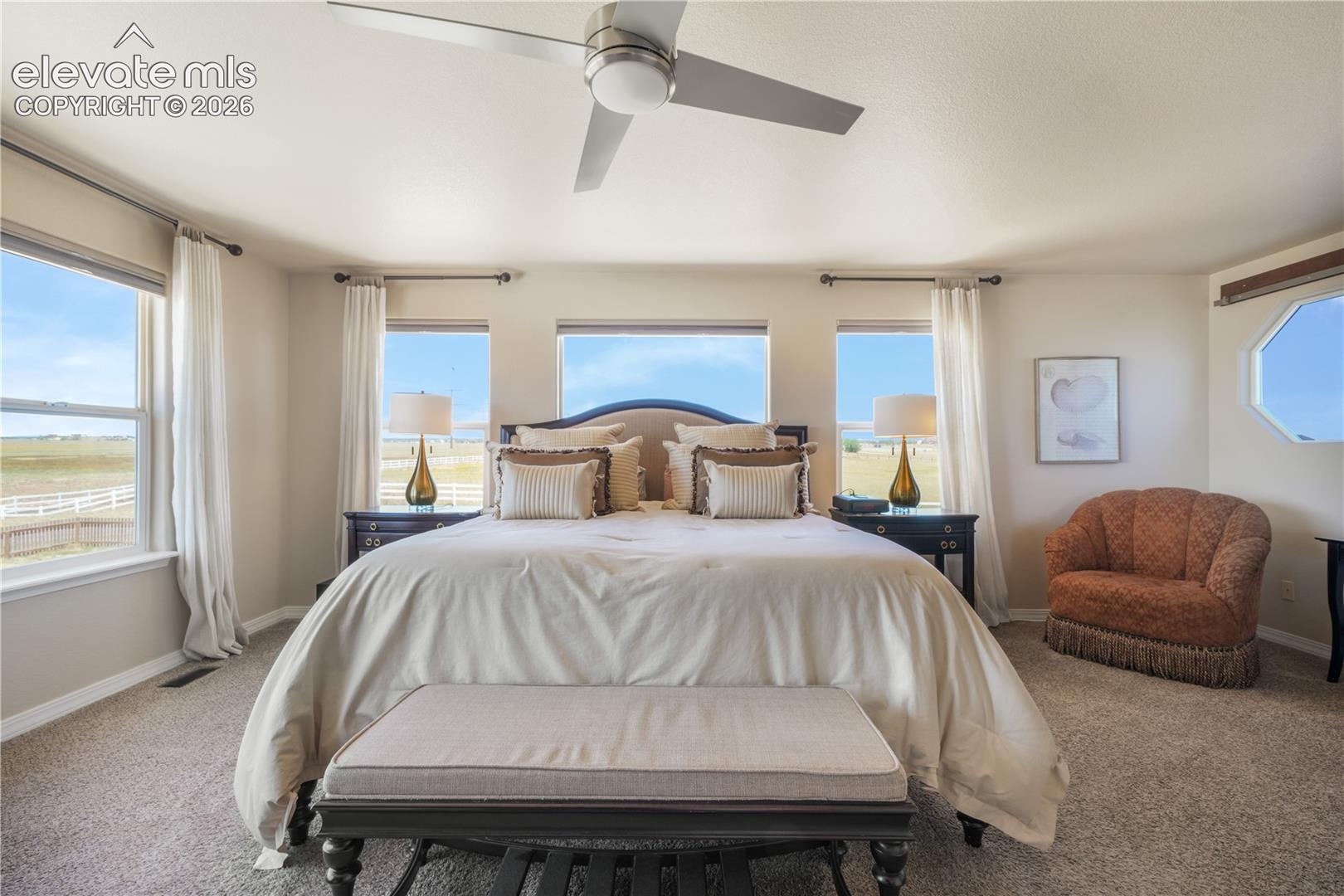 Spacious Primary Bedroom with Natural Light and Ceiling Fan 