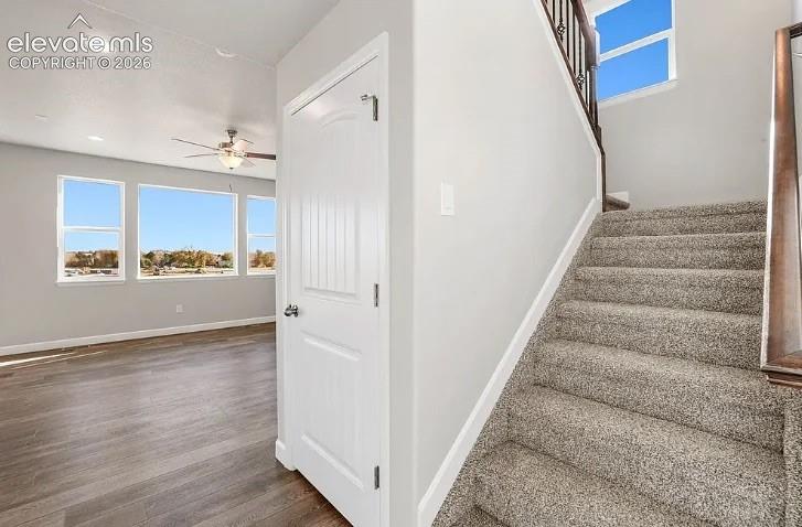 Interior area featuring wood-finish flooring, recessed lighting, carpeted staircase with wood handrail, and multiple windows