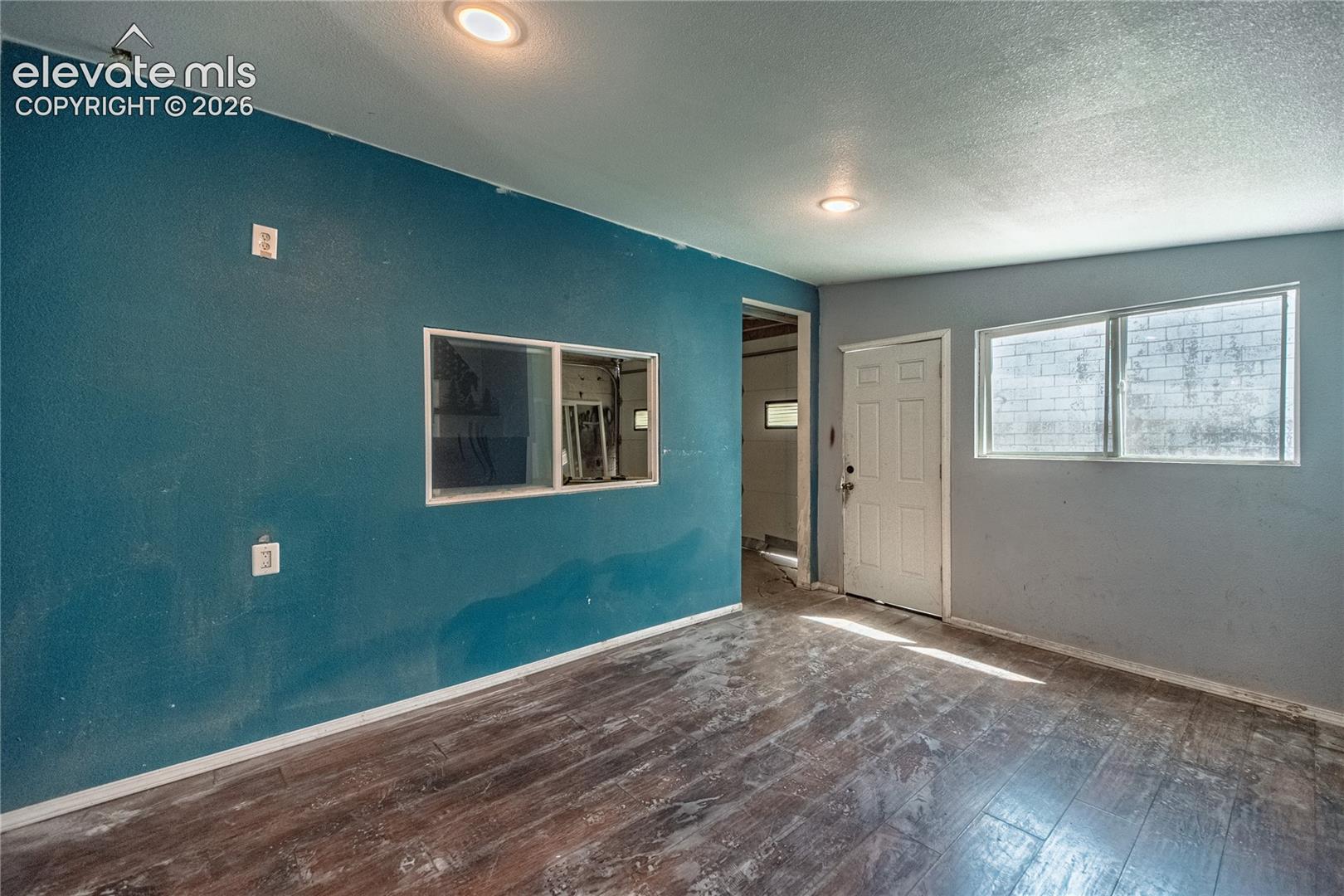 Wood-finish flooring with recessed ceiling lights