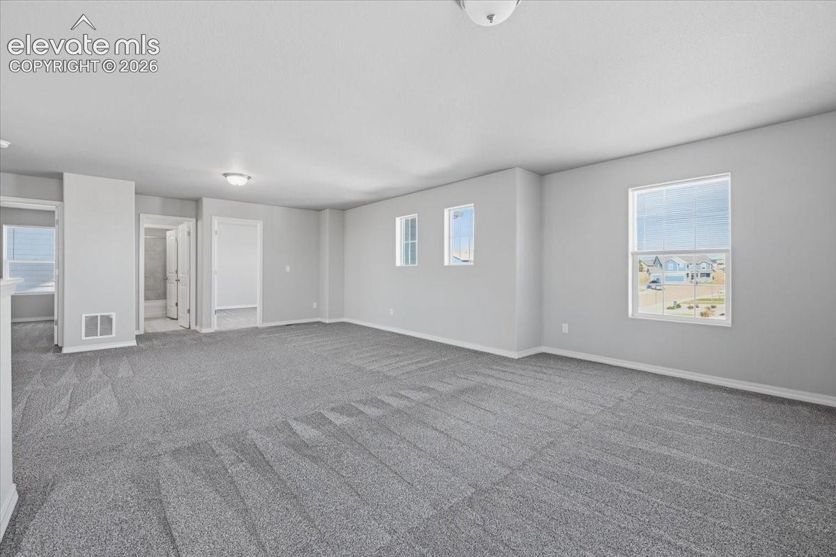 Neutral-toned interior space featuring wall-to-wall carpeting, multiple windows with blinds, and flush-mount ceiling lighting