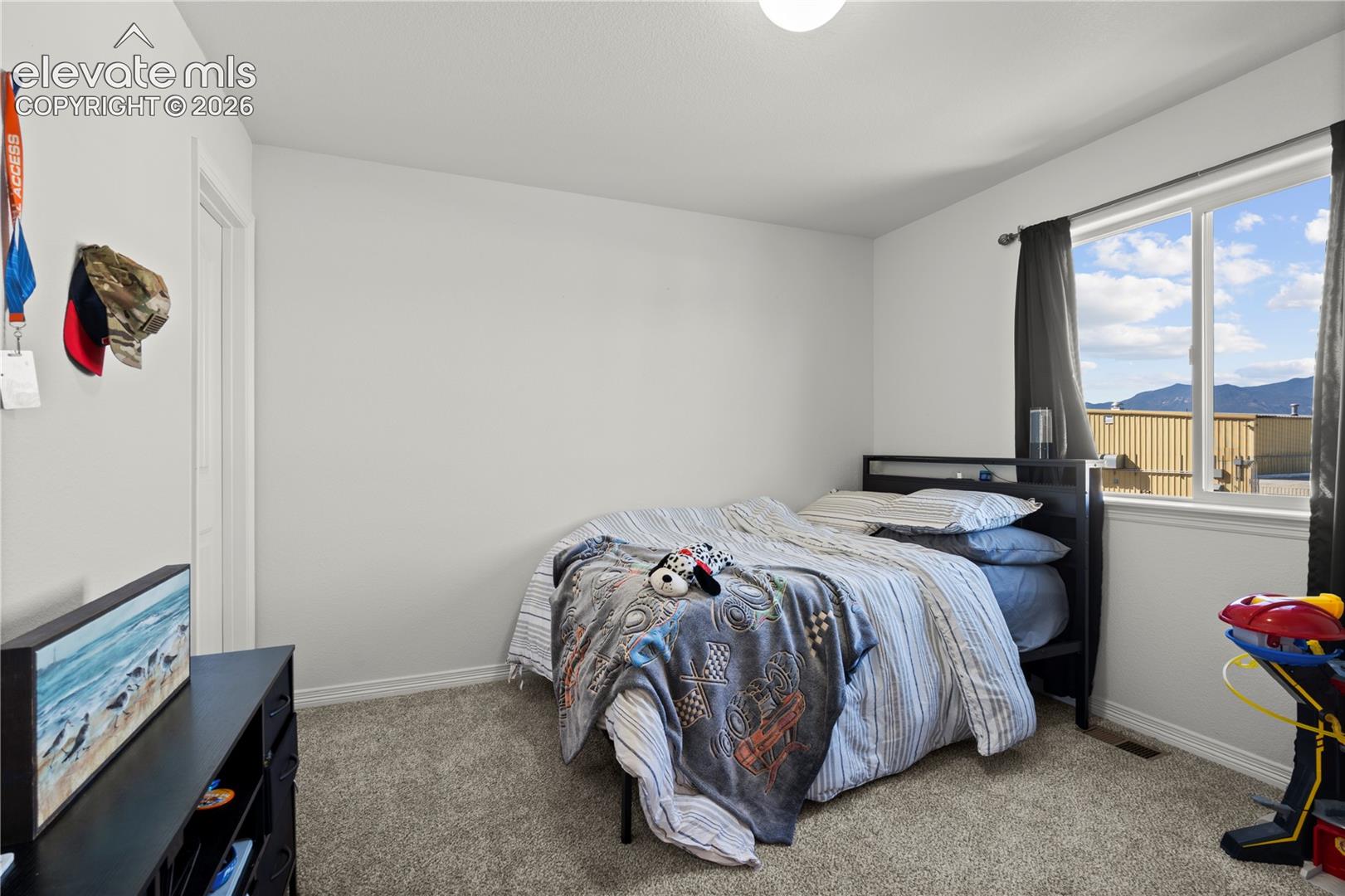 Room featuring neutral-toned carpeting, white walls, a sliding window with exterior mountain scenery, and a door