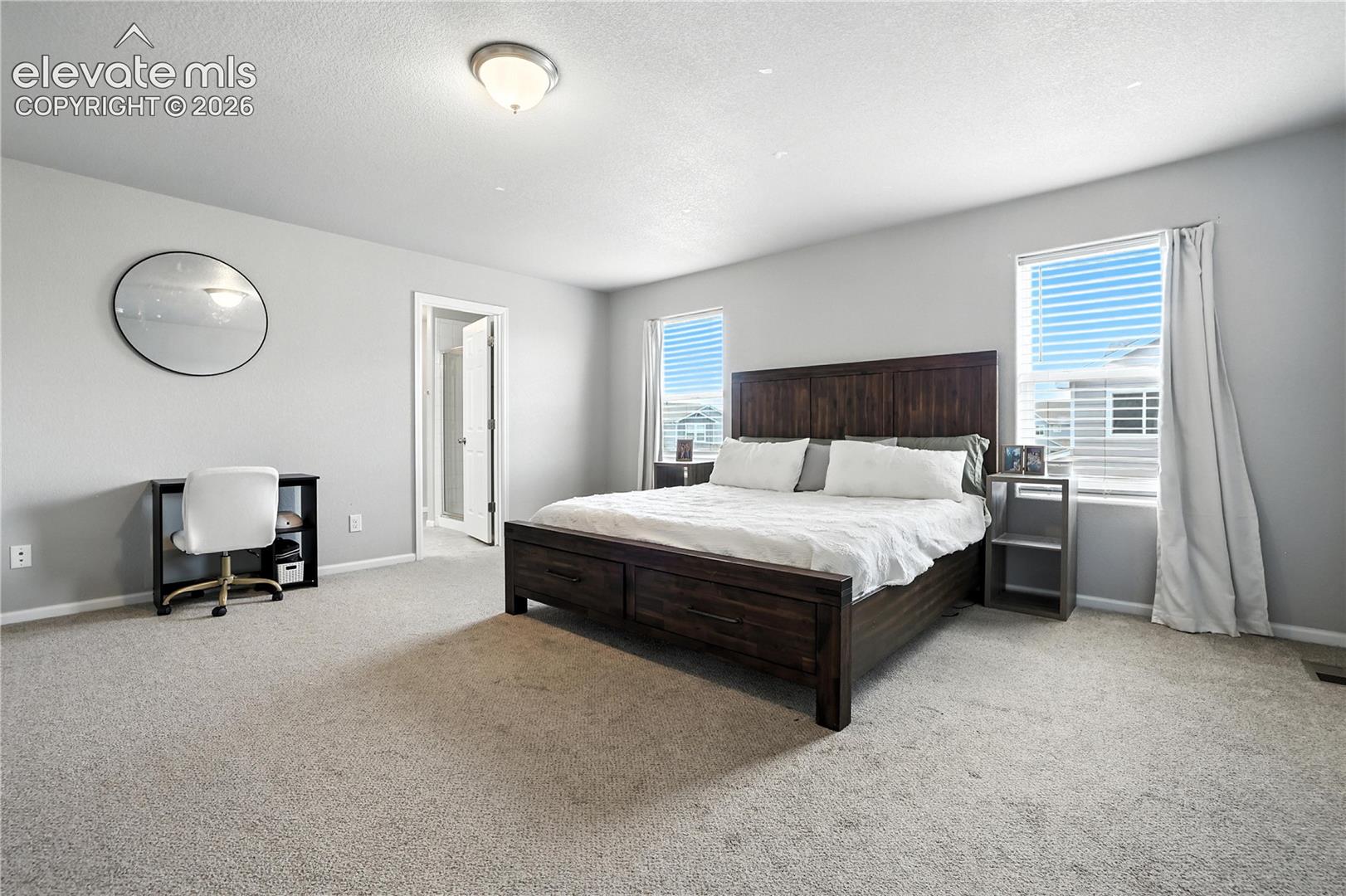 Spacious room featuring neutral carpeting, light gray wall paint, and two windows with blinds