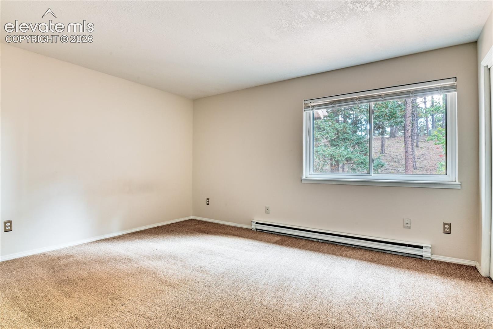 Window with white blinds, wall-mounted baseboard heating unit, and neutral-toned wall-to-wall carpeting