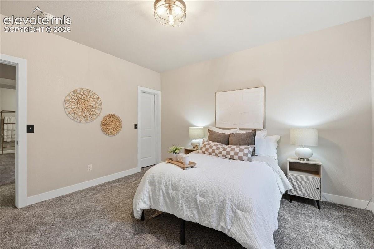 Neutral-toned walls complement the gray carpeting