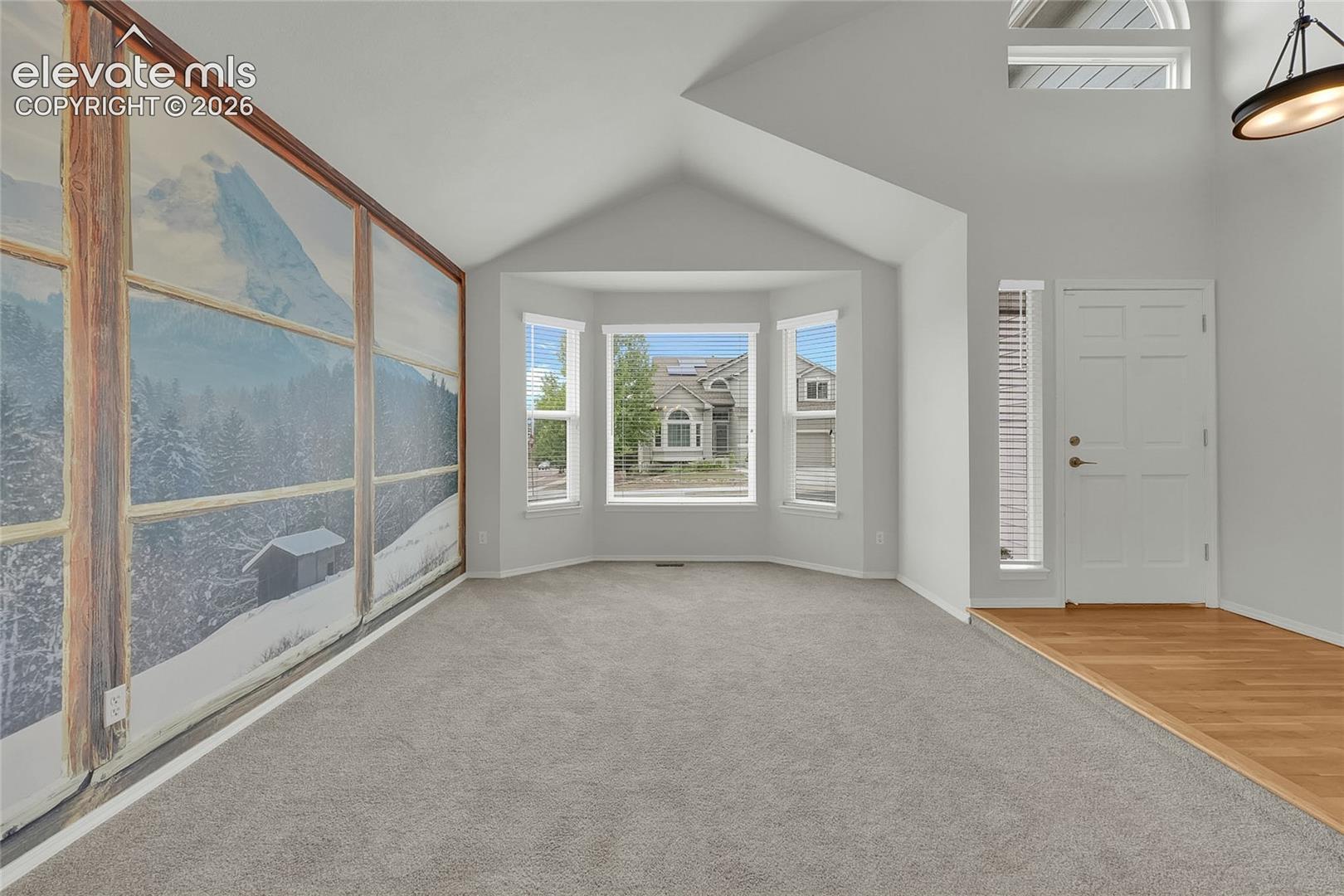 Cathedral ceilings, mountain scene mural 