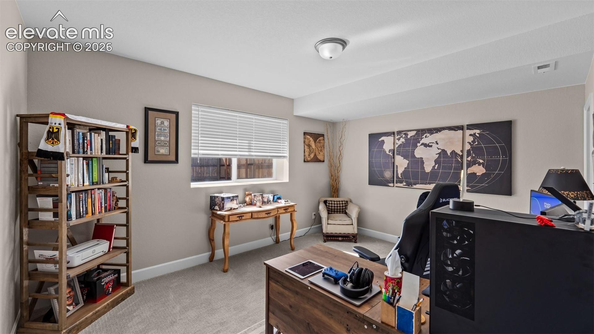 Neutral wall paint, plush carpet flooring, window with horizontal blinds, overhead flush mount lighting