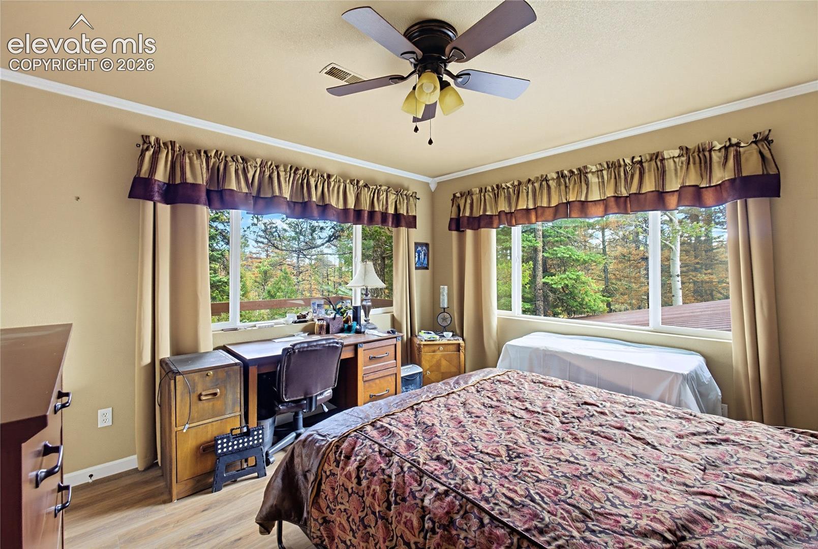 Corner room featuring wood-finish flooring, a multi-blade ceiling fan with integrated lighting, and multiple windows providing natural light