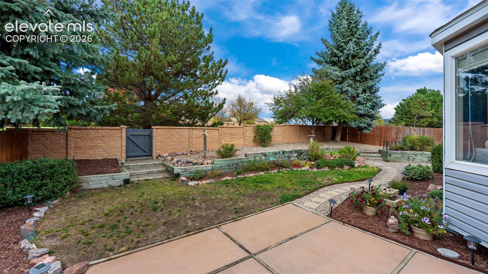 Backyard featuring a concrete patio, tiered retaining walls, stone-paved pathways, mature evergreen trees, and perimeter masonry fencing