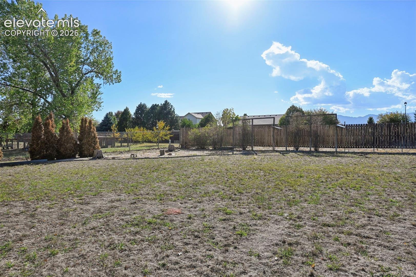 Expansive outdoor space featuring a wood fence, mature trees, and landscaping elements