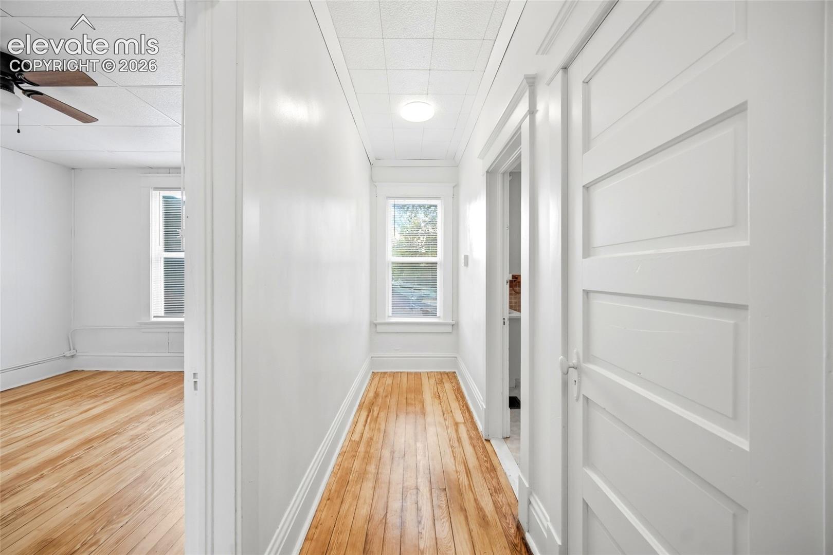 Hallway featuring wood-finish flooring, white paneled interior doors, a flush-mount ceiling light fixture, and a window with exterior exposure