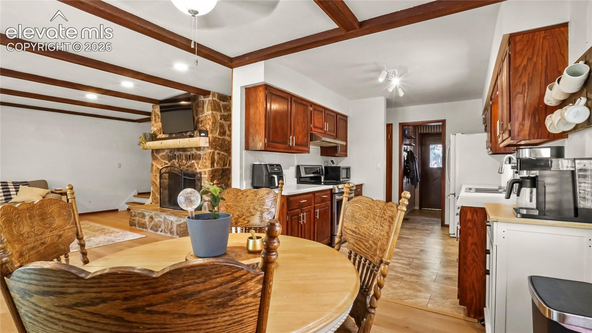 Dining area and galley kitchen.