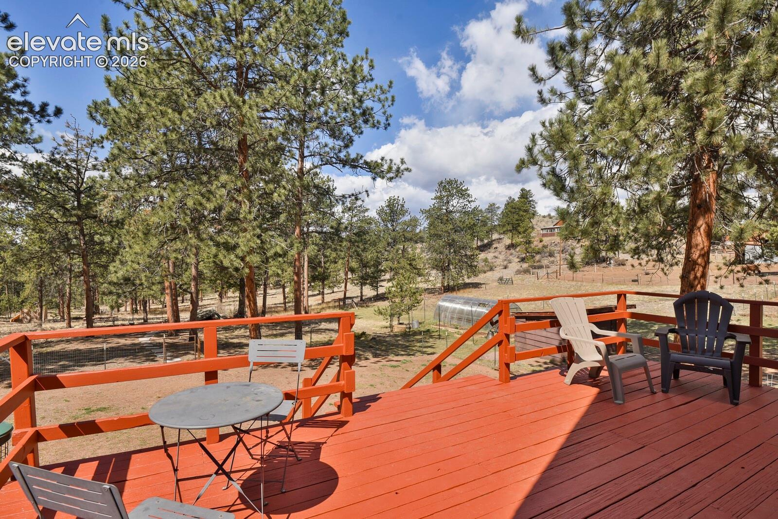 Freshly painted back deck overlooking fenced area for dogs, kids, and play