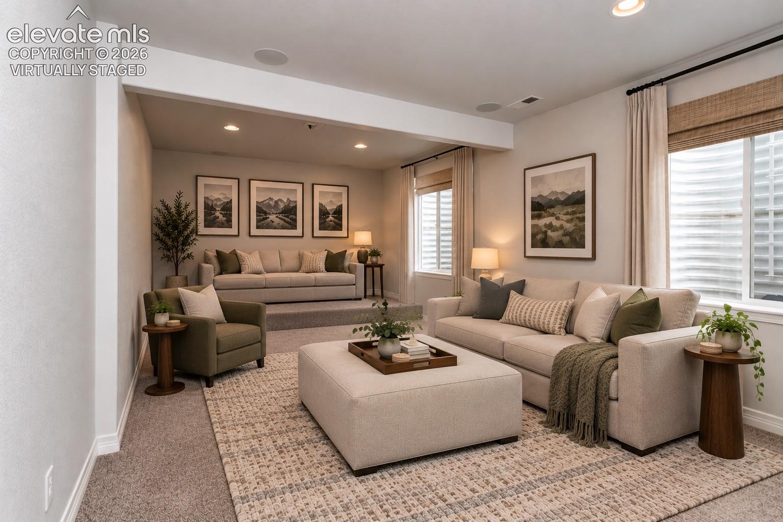 Virtually staged media room in basement