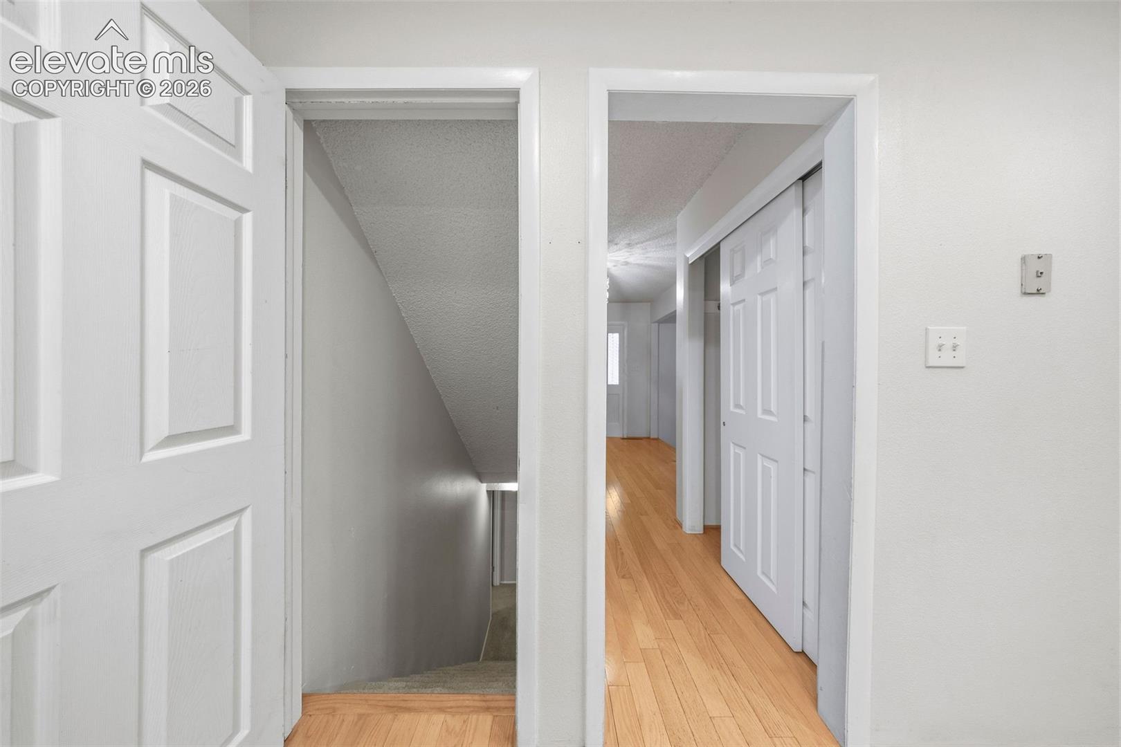 Wood-finish flooring, multi-panel interior doors, and white-painted door casings