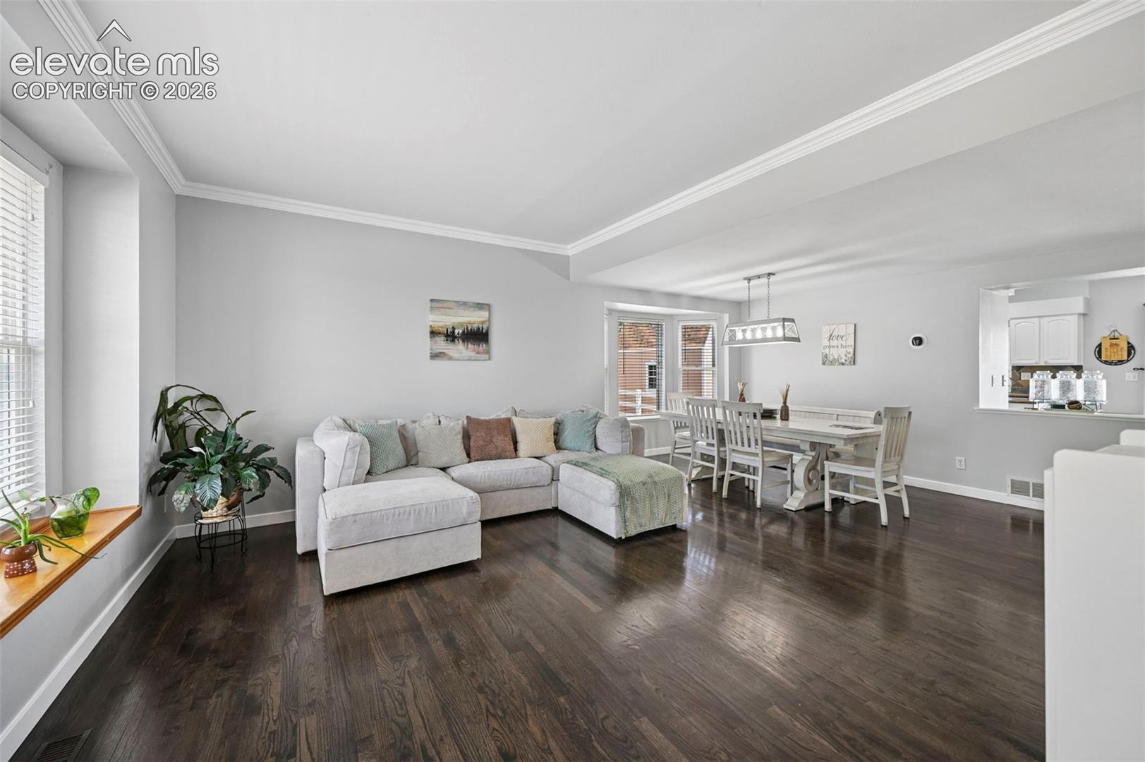 Open-concept interior featuring dark wood-finish flooring, light grey wall paint, and white crown molding