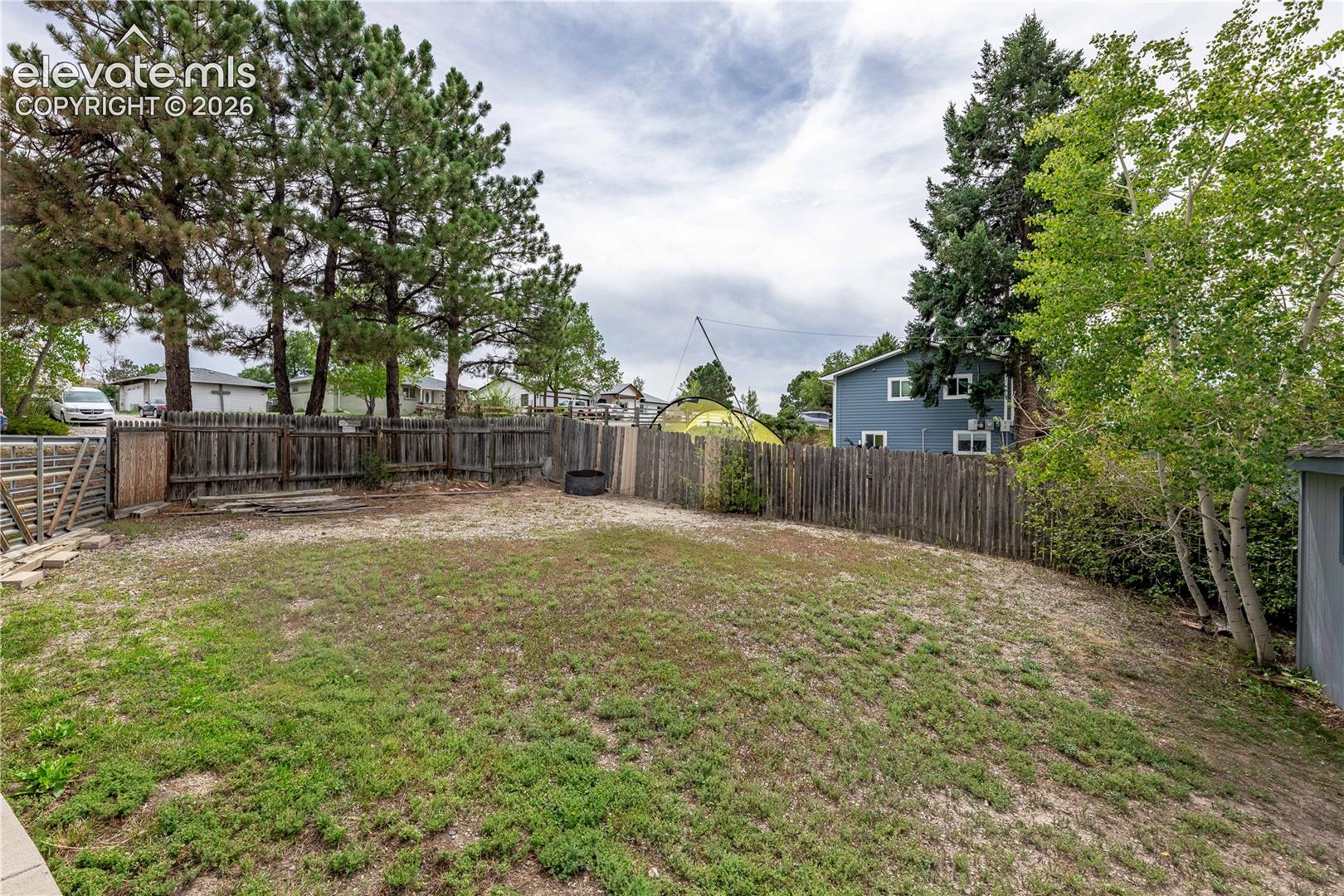 Backyard area featuring a wood-slat perimeter fence and mature evergreen and deciduous trees