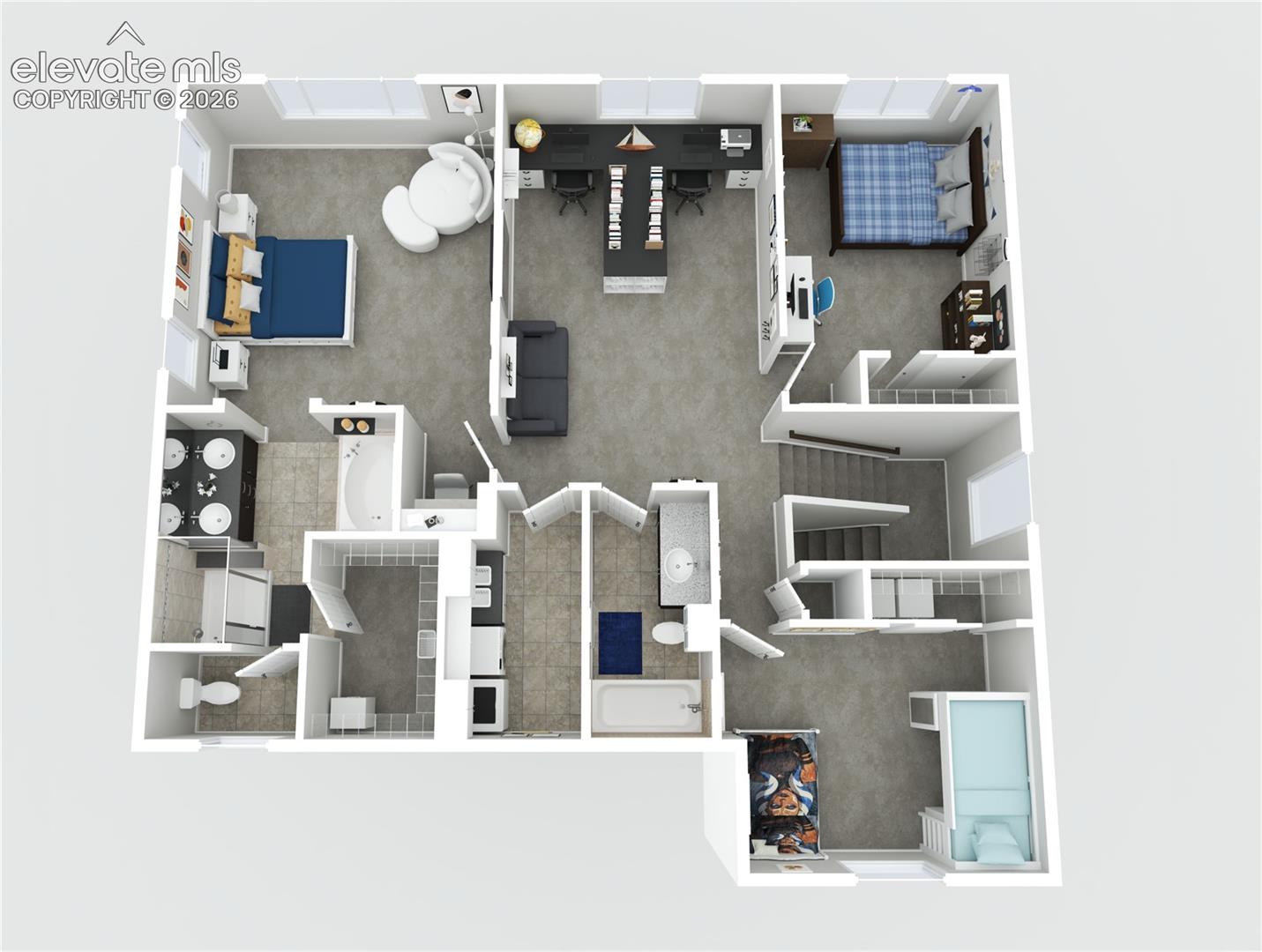 3-D rendering of the upstairs floorplan with 3 bedrooms and a loft.