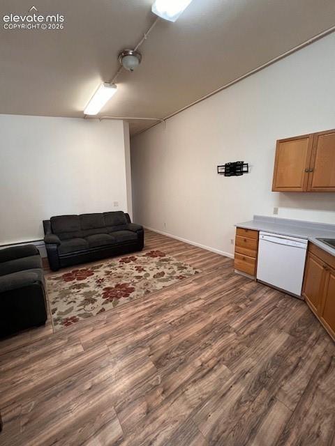 Wood-finish flooring, shaker-style cabinetry, and integrated dishwasher